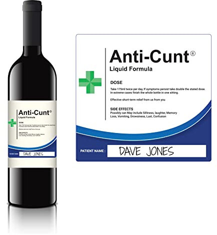 Anti Cunt Novelty Wine Bottle Label Funny Xmas Gift Idea Present for Him Husband Boyfriend Dad Men Rude Uncle Fun Birthday Christmas Adult