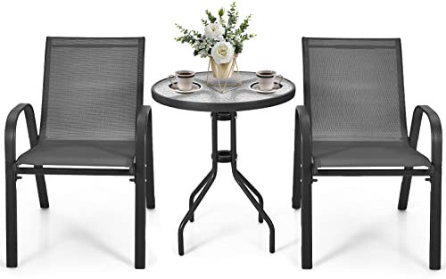 GIANTEX Gartenmöbel Set, Balkonmöbel Kleiner Balkon, Bistrotisch mit 2 Stühlen stapelbar, Balkonset Balkon Möbel für 2 Personen, Terrassenmöbel Outdoor Sitzgruppe, Bistroset Gartenset Gartengarnitur