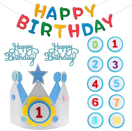 QINERSAW Stoff Geburtstagskrone Geburtstagshut Mädchen und Jungen Filz Happy Birthday Hut mit Zahlen 0-9 Stoffkrone Geburtstag Krone Happy Birthday Girlande Geburtstag Banner mit 2 Tortendeko