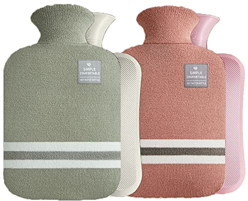 2 Pack Hot Water Bottle with Knitted Cover - 2 Liter Large Capacity Hot Water Bag for Hot and Cold Compress, Hand Feet Warmer, Neck and Shoulder Pain Relief （Pink + Green）