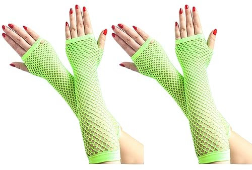 COSFAN 2 Paar Lange Netzhandschuhe, Damen Fingerlose Mesh Handschuhe, Mädchen Hohle Handschuhe für 80er Jahre Kostüm Tanz Party (Grün)