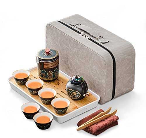 fanquare Tetera China de Porcelana con Colador, Juego de Té Kungfu de Cerámica con Bolsa de Viaje, Lata de Té y Tabla de Té, Juego de Té Floral para Adultos, Negro