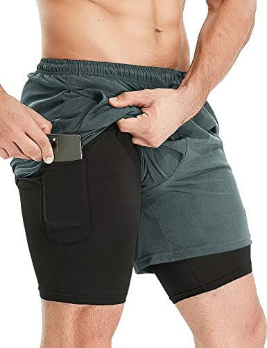 HOPLYNN Herren 2 in 1 Shorts Sommer Schnelltrocknende Laufshorts mit Taschen Sport Kurze Hosen Fitness Laufhose Light Grau XXL
