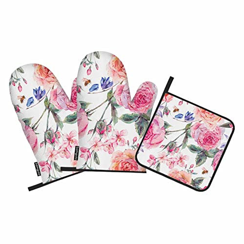Samgula Ofenhandschuhe und Topflappen, Rosen, Vintage-Stil, hitzebeständig, 3 Stück, für Kochen, Backen, Grillen