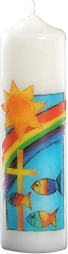 Wiedemann Kerzen Kommunionskerze Fische bunt, Kreuz 220 x Ø 60 mm mit individueller Namensverzierung aus Wachsbuchstaben