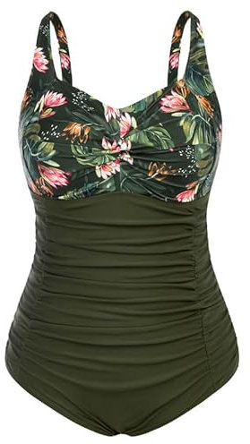 Hanna Nikole Womens Plus Size Adjustable Ruched Einteilige Swimsuit One Piece Swimsuits Olivgrüne Blume 54