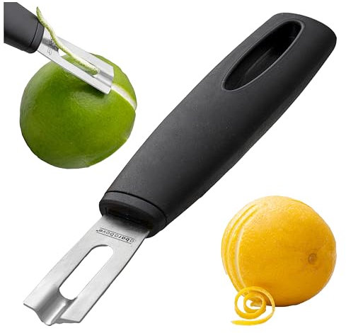 A Bar Above Coltello a canale in acciaio inox con manico nero, strumento per guarnire agrumi, grattugia e pelapatate per cocktail, presentazioni culinarie e uso in cucina