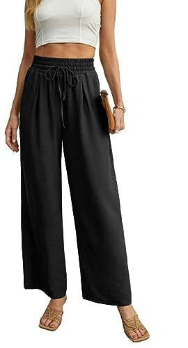 QIXING Weite Hosen Damen High Waist Palazzo Hose Gerade mit Taschen Yoga Stoffhose Damen Elegant Sommer Damenhose mit Gummizug (Schwarz, M)