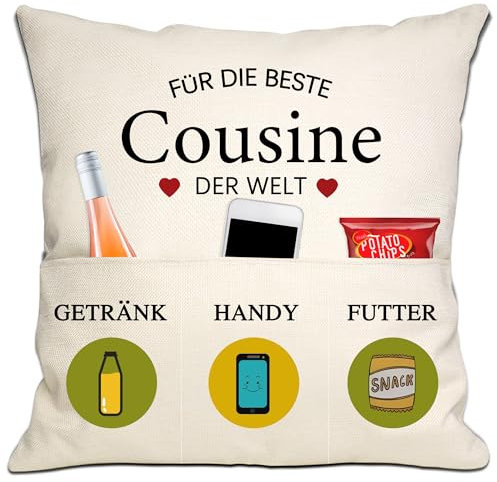 Bommex Geschenk für Cousine Frauen Mädchen Beste weibliche Cousine in der Welt Kissenbezüge mit 3 Taschen für Cushine Geburtstagsgeschenk (Cousine)