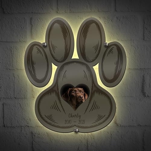 Hundepfote Gedenktafel Tiergrabstein Erinnerung mit Bild - Holz Schild mit Hunde Namen personalisiert - Trauergeschenk Hundebesitzer I Optional mit Beleuchtung