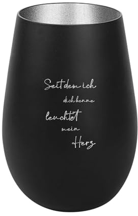 Der-Porzellan-Laden Windlicht mit Gravur Schwarz Silber Teelichthalter | Seitdem ich Dich kenne leuchtet Mein Herz, aus Glas mit Spruch, Tischdeko modern