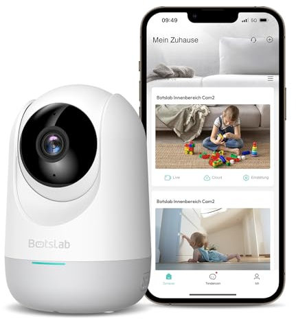 BOTSLAB 2K Überwachungskamera Innen, Babyphone mit Kamera, 360° WLAN Kamera überwachung mit Bewegungserkennung & Geräuscherkennung, 2-Wege-Audio, Nachtsicht, Kompatibel mit Alexa, 2,4Ghz WiFi