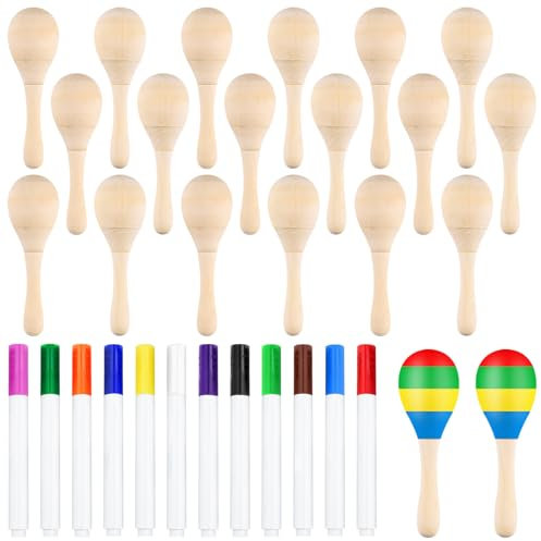 BOUBONI DIY Holz-Maracas für Kinder, Mini-Maracas für mexikanische Fiesta, Cinco De Mayo, Partyzubehör, mit mehrfarbigen Stiften (20)