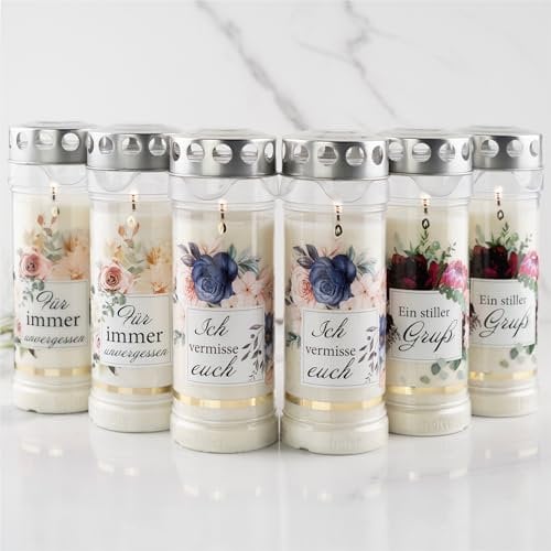 6er Set HOFER GRABKERZEN 7 Tage Brenndauer - Das Original [Familie Select] regenfest | Kerzen mit Deckel | Grablicht, Friedhofskerze mit Motiv und Spruch | Kerzen für Grabdeko