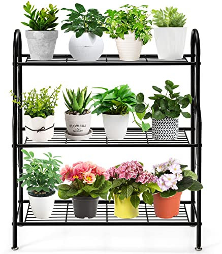 GYMAX Porta Piante in metallo a 3 livelli, ripiani aperti e piedini regolabili, scaffale in ferro impermeabile per uso interno ed esterno, nero