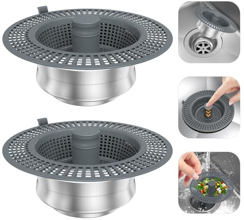 2 Pack Non-Standard 3 in 1 Kitchen Sink Drain Strainer for Sink Drain Width 3-3.2 & Depth＞1.58, Stainless Steel Kitchen Sink Stopper with Big Strainer Basket, Pop-up Drain Catcher for Kitchen Sink