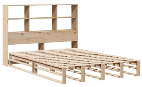 vidaXL Massivholzbett, Bett mit Bücherregal ohne Matratze, Holzbett Bettgestell mit Lattenrost, Palettenbett Doppelbett für Schlafzimmer, 135x190cm