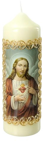 Kerze Heiligstes Herz Jesus Christus goldener Rahmen, 165x50 mm