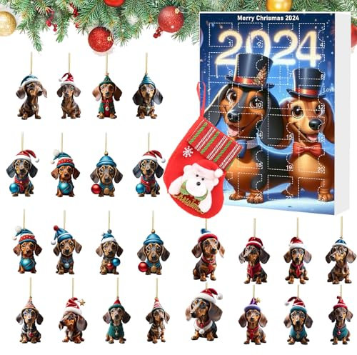 Dackel Hund Adventskalender 2024, Weihnachts-Countdown-Kalender 2024, 24 Tage Weihnachten Sammlerstück Lustiges Hunde-Set, alberner und süßer Dackel Spielzeug Adventskalender (B)