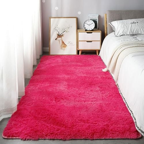 Homesally Shaggy Hochflor Teppich Flauschig rutschfest Waschbar Moderne Deko Teppich für Schlafzimmer, Wohnzimmer,Rose red,160cm×230cm