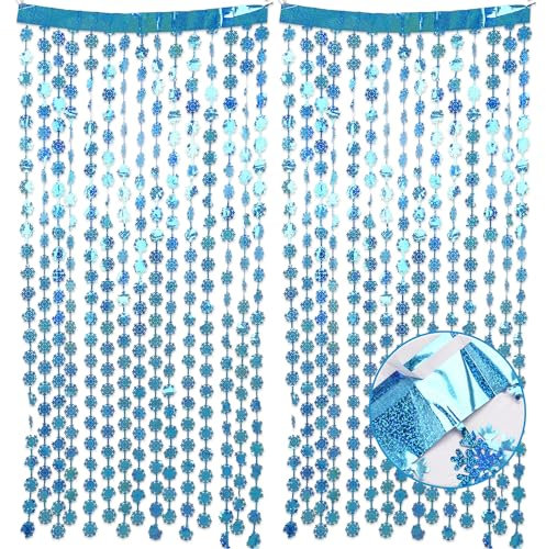BRAVESHINE Schneeflocken Lametta Vorhänge Blau, 1x2m Glitzer Schneeflocke Party Vorhang Hintergrund für Frozen Geburtstag Weihnachten Silvester Party