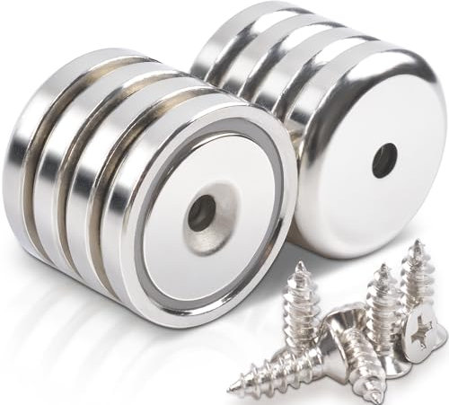 8 Stück Neodym Magnete mit Loch Neodym Magnete Extra Stark 40KG Kraft 32x7 mm mit Loch und Kapsel, Senkkopf-Topfmagnet mit Schrauben Starke Magnete für Küchen Kühlschrank, Badezimmer, Lager, Büros