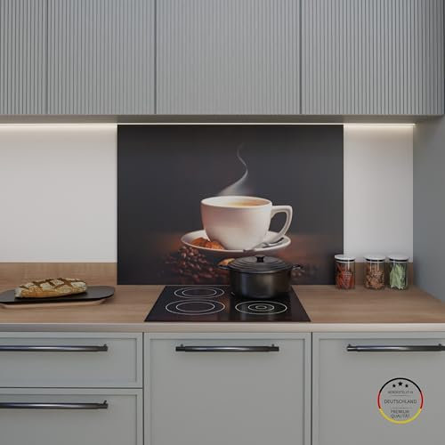 WOWMÖBEL Spritzschutz Küchenrückwand Glasoptik selbstklebend Küche | ESG 4mm | Rückwandschutz Platte Glasrückwand Wandpaneele nach Maß | Kaffeezauber (B 80cm x H 50cm)