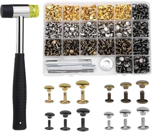360 Stück Nieten-Set für Leder, Metall-Doppelkappennieten mit Gummihammer, 4 Farben Leder 3 Größen Installationswerkzeug-Set für DIY-Handwerk, Reparatur, Dekoration, Kleidung
