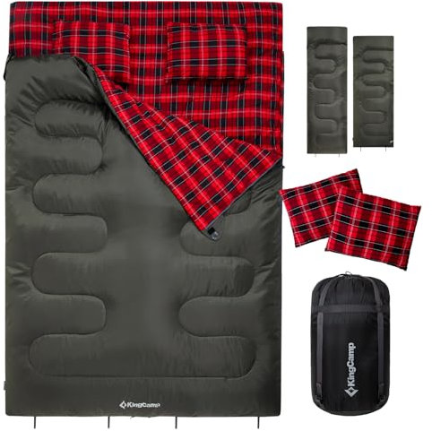 KingCamp Doppelschlafsack Winter Schlafsack 2 Personen Outdoor Warmer Deckenschlafsack Tragbar Leicht 3-4 Jahreszeiten mit 2 Flanell Kissen Camping Schlafsack für Kinder & Erwachsenen 4kg Grün.