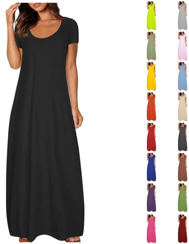 Summer Maxi Dresses for Women UK Elegant Wedding Guest Casual Short Sleeve Swing Long Dress Scoop Neck Flowy Sundress with Pockets for Beach Holidays 2025 Black