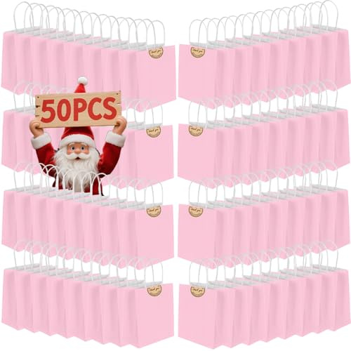 50 Stück Geschenktüten mit Henkel,Kleine Papiertüten mit Aufklebern,130GMS Kraftpapier tüten, Partytüten Einkaufen Hochzeiten Partys Geburtstag Weihnachten Halloween(Rosa)