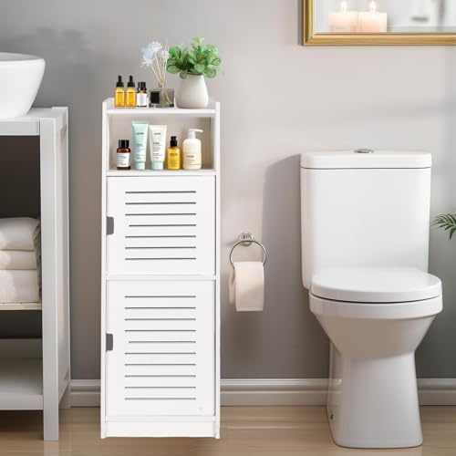 powerking 3 Tier Bathroom Storage Cabinet, Freestanding Organizer with Doors, White Waterproof Storage Floor Cabinet for Bedroom, Toilet, Living Room, Kitchen, Balcony, Office