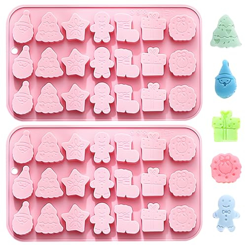 Weihnachten Silikon Backform, 2er Set, 21 Festliche Formen pro Form mit Weihnachtsmann, Tannenbaum, Stern, Lebkuchenmann, Geschenk und Kranz, Rosa