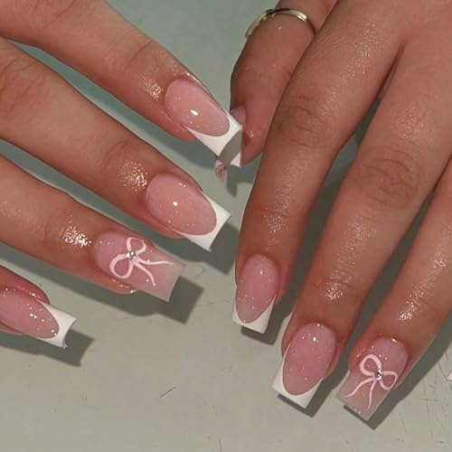 24P False Nails French Tip - Bow & Pearl Stick on Nails - Nude Square Press on nails - French Manicure Fake Nails with Glue - Strong Glue on nails Long Lasting - Full Cover Acrylic Nail Tips for Women