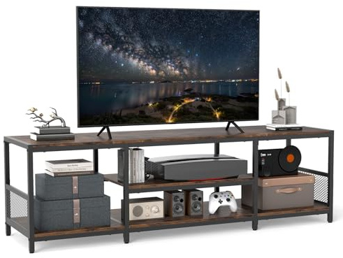 KOMFOTTEU Mobile TV per TV fino a 65, Panca TV con 5 ripiani aperti, Tavolo TV con gambe regolabili, telaio in metallo, stile vintage, 150 x 40 x 45 cm, per soggiorno, camera da letto, ingresso