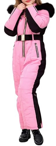 LOSVIP Combinaison de ski thermique pour enfant, garçon et fille, avec capuche en fourrure, matelassée, chaude, avec poche zippée et ceinture, Rose, 7-8 ans