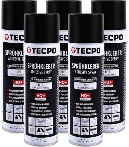 TECPO 1K Colle à vaporiser 5x 500ml Spray adhésif pour mousse, ciel nuageux et panneaux acoustiques Spray adhésif transparent résistant à la chaleur jusqu'à 110°C