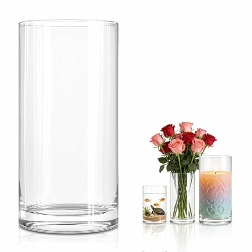 Yuragim Glasvase Zylinder, Transparent Glas Vase 25cm Hohe Glas Blumenvase Rund Modern Glaszylinder Kerzenhalter Zylindervase Bodenvase Groß Deko für Hochzeits-Mittelstücke, Wohnzimmer Deko, Tischdeko