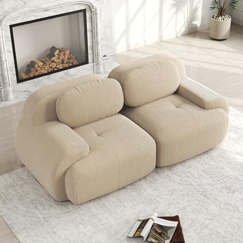 Modernes Cord Sofa Loveseat Modulares 2-Sitzer Wohnzimmer Couch mit geschwungenen Armlehnen, Ohne Montage- Rutschfester Boden, Hochelastische Polsterung (Beige, 2-Sitzer)