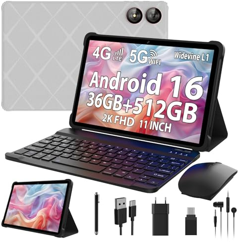 PIXGOOD 2026 Android 16 Tablet 11 Zoll, 36GB RAM+512GB ROM, SIM 4G & 5G WiFi, Octa Core, 13MP+8MP, 2000 * 1200/WidevineL1/8000mAh/BT5.0/OTG/GPS-Tablet mit Tastatur (Grau-1)