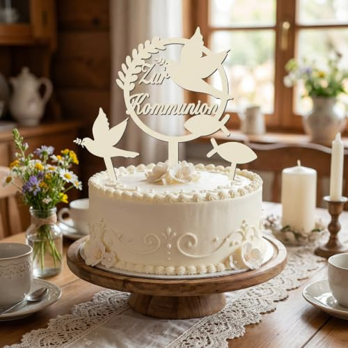 Tortendeko Kommunion Cake Topper Kommunion Holz Erstkommunion Deko Taube Fisch Kuchen Deko Konfirmation Deko für Junge Mädchen Geschenke Gastgeschenke Kommunionsgeschenke