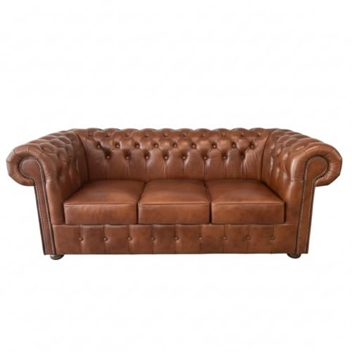 Generisch VELCHESTER Chesterfield Sofa 3-Sitzer - 200 cm – Brandy Brown - Italienisches Echtleder – Handgefertigt in Einer polnischen Manufaktur – Luxuriöses Design für Wohnzimmer und Büro