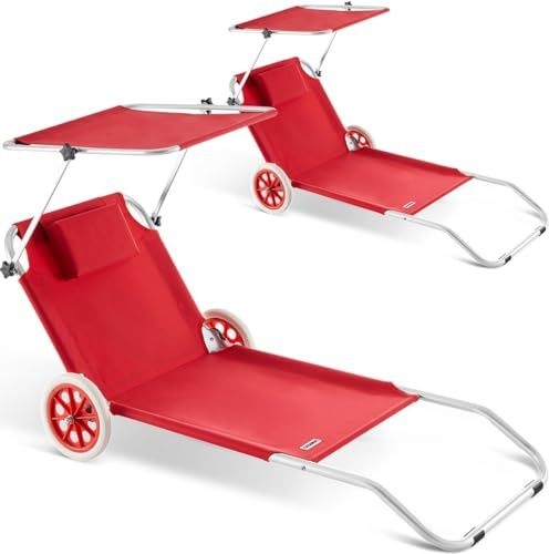Casaria 2X Sonnenliege klappbar mit Sonnendach und Rädern Rot | Aluminium, 5-fach Verstellbare Rückenlehne, Balkon, Camping, Pool, Garten, Terrasse, Rädern, Strandliege, Mobil & Leicht