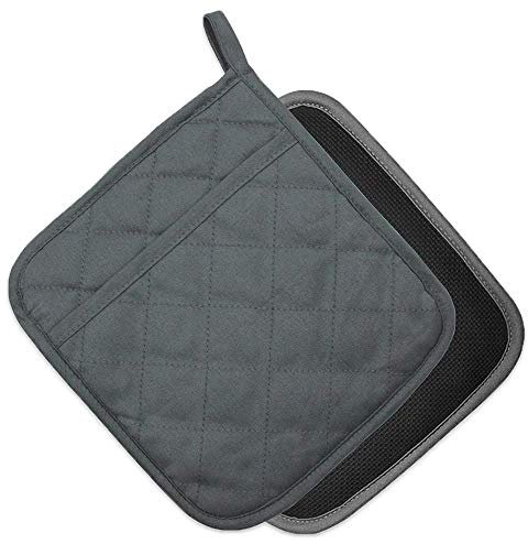 YEKOO 2 PCS Gray Pot Holders Sets for Kitchen Heat Resistant Oven Hot Pads with Pockets Non Slip Soft Grip Potholders for Baking Cooking 8x8.5