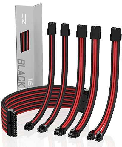 EZDIY-FAB Sleeved Cable - Rallonge de câble pour l'alimentation avec Manchon Extra-Large 24 Broches 8 Broches 6 pin 4+4 Broches avec Combs-Rouge et Noir