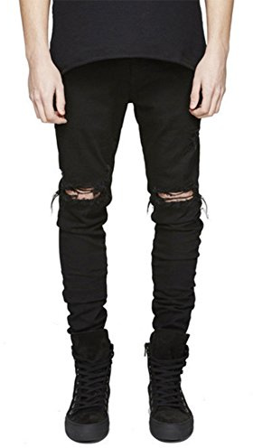 LONGBIDA Men's Ripped Slim Fit Skinny Destroyed Distressed Tapered Leg Jeans,Black,34