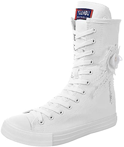 rismart Donna Tela Stivali Metà Polpaccio Floreale High Tops Stringate Scarpe(Bianco-fiore,41 EU)