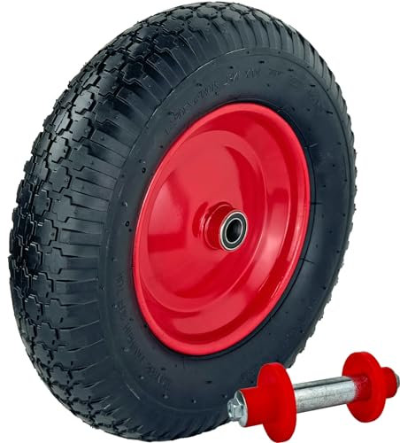 TrutzHolm® Schubkarrenrad luftbereift Ersatzrad Schubkarre 4.80/4.00-8 inkl. Achse Stahlfelge Schiebkarrenrad Luft Rad 4PR 4 Lagen 400mm | 200kg | 95mm Breite Reifen für Schubkarre Premium