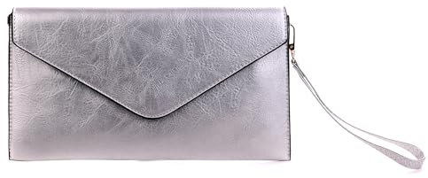 Wedmay Ladies Large Oversize Envelope Wristlet Strap Leather Evening Bag Prom Clutch Bag Purse For Women (F1460 Silver)