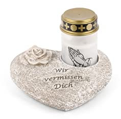 Novaliv Grabschmuck Herz Grau mit Rose Spruch Wir vermissen Dich inkl. LED Grablicht Weiß Grabdeko Grabherz Wetterfest Grabdekoration Gedenkstein Teelichthalter Trauerstein